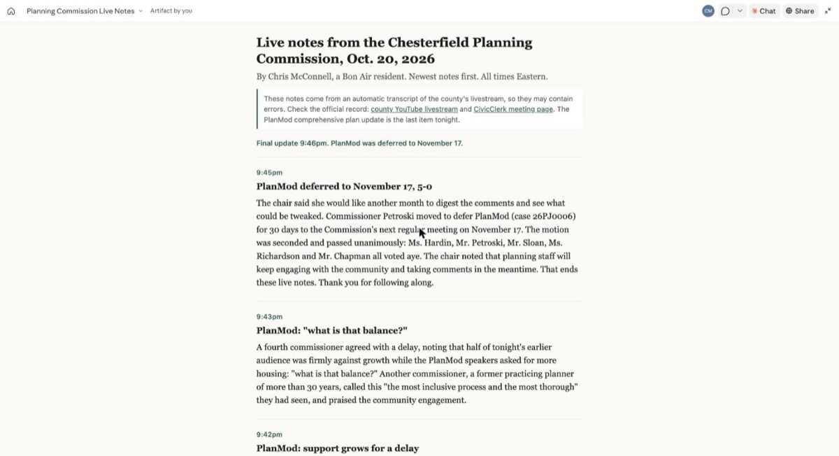 Live notes page from the Chesterfield Planning Commission, Oct. 20, 2026
