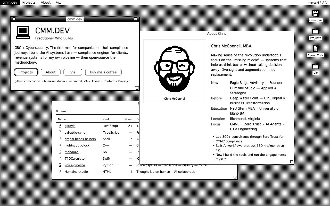 cmm.dev styled as a 1987 Macintosh desktop